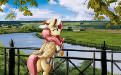 Size: 2600x1625 | Tagged: safe, artist:kelkessel, fluttershy, pegasus, pony, g4, bipedal, butt, clothes, female, fence, flutterbutt, hat, mare, plot, profile, river, scenery, solo