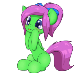 Size: 1280x1280 | Tagged: safe, artist:an-m, oc, oc only, oc:zippy sparkz, pegasus, pony, animated, blinking, blushing, bow, cute, green coat, green fur, hair bow, mlem, pegasus oc, pink hair, pink mane, pink tail, ponytail, silly, simple background, sitting, tongue out, transparent background