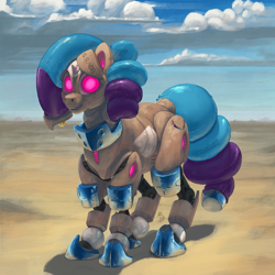 Size: 3000x3000 | Tagged: safe, artist:amaraburrger, artist:eqlipse, oc, oc only, oc:sandy sketch, pony, robot, robot pony, desert, female, high res, mare, painterly