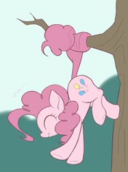 Size: 1535x2048 | Tagged: safe, artist:noupu, pinkie pie, earth pony, pony, g4, cute, diapinkes, eyes closed, female, mare, prehensile tail, profile, smiling, solo, tree, tree branch
