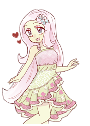 Size: 1494x2091 | Tagged: safe, artist:nemucure, fluttershy, equestria girls, g4, my little pony equestria girls: legend of everfree, blushing, camp fashion show outfit, clothes, cute, dress, female, heart, no pupils, open mouth, pixiv, shyabetes, simple background, solo, white background