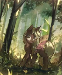 Size: 3174x3820 | Tagged: safe, artist:mirroredsea, oc, oc only, changeling, g4, changeling oc, commission, female, forest, high res, looking at you, scenery, smiling, solo, spread wings, wings