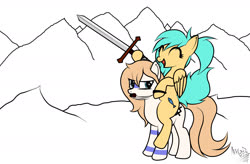 Size: 1650x1080 | Tagged: safe, artist:arrgus-korr, oc, oc:aqua sunshine, oc:star north, earth pony, pegasus, pony, base used, disgusted, female, full body, mare, mountain, oc x oc, piercing, ponies riding ponies, riding, shipping, smiling, sword, tattoo, weapon