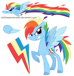 Size: 1799x1835 | Tagged: safe, artist:istilllikegamecubes, rainbow dash, pegasus, pony, g4, female, g5 concept leak style, g5 concept leaks, hooves, mare, rainbow dash (g5 concept leak), raised hoof, redesign, simple background, smiling, solo, spread wings, transparent background, wings