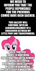 Size: 500x988 | Tagged: artist needed, safe, edit, edited screencap, editor:lord you know who, screencap, pinkie pie, moose, g4, apology, comic, monty python, monty python and the holy grail, screencap comic, transformers