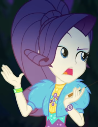 Size: 834x1080 | Tagged: safe, screencap, rarity, equestria girls, equestria girls series, g4, sunset's backstage pass!, spoiler:eqg series (season 2), clothes, coat, cropped, cute, dress, female, fur, fur coat, geode of shielding, jewelry, magical geodes, night, outdoors, ponytail, raised eyebrow, raribetes, sassy, short sleeves, sitting, stick, wristband