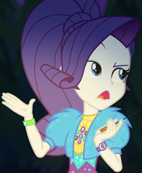 Size: 884x1080 | Tagged: safe, screencap, rarity, equestria girls, equestria girls series, g4, sunset's backstage pass!, spoiler:eqg series (season 2), clothes, coat, cropped, cute, dress, female, forest background, fur, fur coat, geode of shielding, jewelry, magical geodes, night, ponytail, raised eyebrow, raribetes, sassy, short sleeves, sitting, stick, wristband