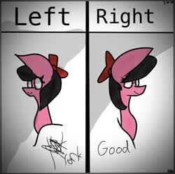 Size: 828x825 | Tagged: safe, artist:kittycatrittycat, oc, oc only, oc:kittycatrittycat, pegasus, pony, bow, bust, good, left, oh god damn it no, portrait, right, right hand and left hand challenge, solo, yuck