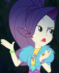 Size: 879x1080 | Tagged: safe, screencap, rarity, equestria girls, equestria girls series, g4, sunset's backstage pass!, spoiler:eqg series (season 2), clothes, coat, cropped, cute, dress, female, forest background, fur, fur coat, geode of shielding, jewelry, magical geodes, night, outdoors, ponytail, raised eyebrow, raribetes, sassy, short sleeves, sitting, stick, wristband
