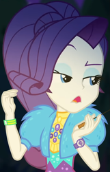 Size: 665x1031 | Tagged: safe, screencap, rarity, equestria girls, equestria girls series, g4, sunset's backstage pass!, spoiler:eqg series (season 2), clothes, coat, cropped, cute, dress, female, forest background, fur, fur coat, geode of shielding, jewelry, magical geodes, night, outdoors, ponytail, raised eyebrow, raribetes, sassy, sitting, stick, wristband