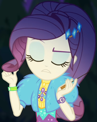 Size: 808x1013 | Tagged: safe, screencap, rarity, equestria girls, equestria girls series, g4, sunset's backstage pass!, spoiler:eqg series (season 2), clothes, coat, cropped, cute, dress, female, forest background, fur, fur coat, geode of shielding, jewelry, magical geodes, night, outdoors, ponytails, raised eyebrow, raribetes, sassy, sitting, stick, wristband