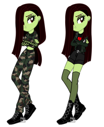 Size: 3560x4329 | Tagged: safe, artist:alphajunko, oc, oc only, oc:white lilly, icey-verse, equestria girls, g4, belt, boots, camouflage, clothes, commission, crossed arms, ear piercing, earring, equestria girls-ified, eyebrow piercing, eyeshadow, female, fingerless gloves, fishnet clothing, gloves, hoodie, jacket, jewelry, leather jacket, lip piercing, magical lesbian spawn, makeup, midriff, nose piercing, offspring, pants, parent:applejack, parent:strawberry sunrise, parents:applerise, piercing, shirt, shoes, short shirt, shorts, simple background, skull, socks, solo, stockings, t-shirt, thigh highs, transparent background