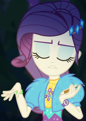 Size: 745x1050 | Tagged: safe, screencap, rarity, equestria girls, equestria girls specials, g4, my little pony equestria girls: better together, my little pony equestria girls: sunset's backstage pass, clothes, coat, cropped, cute, dress, eyes closed, female, forest background, fur, fur coat, geode of shielding, jewelry, magical geodes, outdoors, ponytail, raribetes, sassy, sitting, stick, wristband