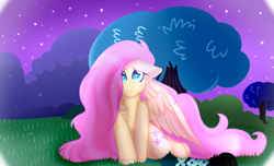 Size: 1926x1174 | Tagged: safe, artist:tayblossom, fluttershy, pegasus, pony, g4, chest fluff, colored hooves, female, floppy ears, looking at you, mare, night, outdoors, smiling, solo, spread wings, wings