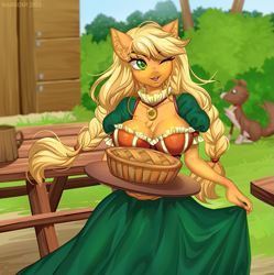 Size: 1197x1200 | Tagged: safe, artist:margony, applejack, winona, dog, earth pony, anthro, g4, adorasexy, alternate hairstyle, beautiful, beautisexy, blurry background, braid, braided pigtails, breasts, busty applejack, chest fluff, cleavage, cleavage fluff, clothes, colored pupils, cottagecore, cute, dress, ear fluff, female, food, jackabetes, jewelry, mare, necklace, one eye closed, open mouth, pie, puffy sleeves, sexy, twin braids, wink