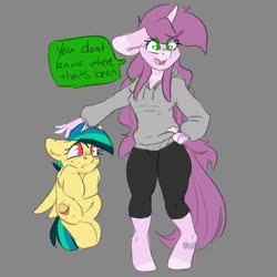 Size: 2000x2000 | Tagged: safe, artist:spoopygander, oc, oc:apogee, oc:mulberry tart, pegasus, pony, unicorn, anthro, unguligrade anthro, anthro with ponies, clothes, duo, female, filly, high res, mare, pinch, talking