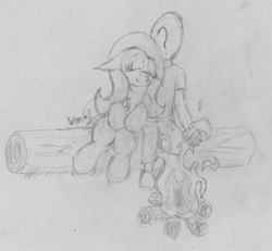 Size: 2450x2264 | Tagged: safe, artist:wapamario63, fluttershy, oc, oc:anon, human, pegasus, pony, g4, campfire, cute, female, fire, high res, leaning, log, mare, monochrome, traditional art
