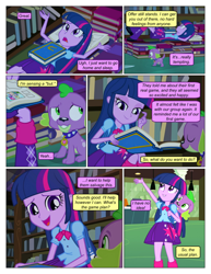 Size: 612x792 | Tagged: safe, artist:greatdinn, artist:newbiespud, edit, edited screencap, screencap, spike, twilight sparkle, dog, comic:friendship is dragons, equestria girls, g4, my little pony equestria girls, arm behind head, book, clothes, collaboration, collar, comic, cutie mark, cutie mark on clothes, dialogue, female, male, on back, open mouth, reading, screencap comic, sitting, smiling, spike the dog, spiked collar