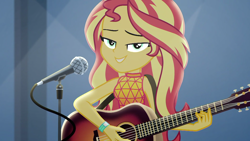 Size: 1920x1080 | Tagged: safe, screencap, sunset shimmer, equestria girls, equestria girls series, g4, let it rain, spoiler:eqg series (season 2), acoustic guitar, beautiful, cute, female, guitar, lidded eyes, looking at you, microphone, musical instrument, shimmerbetes, singing, solo