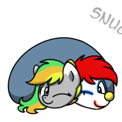Size: 1000x1000 | Tagged: source needed, useless source url, safe, artist:sugar morning, oc, oc only, oc:jester jokes, oc:odd inks, pony, animated, clown, colored, commission, couple, cute, eyelashes, female, frame by frame, gif, makeup, male, simple background, snuggling, text, under blanket, white background