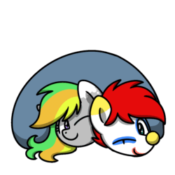 Size: 1000x1000 | Tagged: source needed, useless source url, safe, alternate version, artist:sugar morning, oc, oc only, oc:jester jokes, oc:odd inks, pony, animated, clown, colored, commission, couple, cute, eyelashes, female, frame by frame, gif, makeup, male, simple background, snuggling, text, transparent background, under blanket