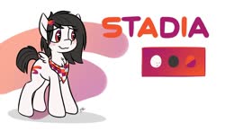 Size: 1280x747 | Tagged: safe, artist:fakskis, oc, oc only, oc:botched stadia, pegasus, pony, :3, blushing, chest fluff, clothes, female, fluffy, google stadia, ponified, ponified google product, ponified streaming service, reference sheet, scarf, simple background, small wings, solo, stadia, white background, wings