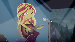 Size: 1920x1080 | Tagged: safe, screencap, sunset shimmer, equestria girls, equestria girls series, g4, let it rain, spoiler:eqg series (season 2), acoustic guitar, beautiful, chair, cloud, cute, discovery family logo, female, guitar, guitar strap, microphone, microphone stand, musical instrument, rain, shimmerbetes, sitting, smiling, solo, stage, stagelights, tree