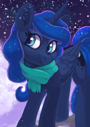 Size: 3508x4960 | Tagged: safe, artist:pucksterv, princess luna, alicorn, pony, g4, absurd resolution, cheek fluff, clothes, cute, female, freckles, lunabetes, mare, scarf, smiling, snow, snowfall, solo