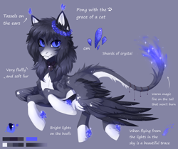 Size: 2208x1854 | Tagged: safe, artist:magicbalance, oc, oc only, oc:lumina azure, hybrid, pegasus, pony, sphinx, bow, collar, cute, fangs, female, fire, fire magic, firetail, jingle bells, looking at you, reference sheet, shiny, solo, spread wings, tassels, text, wings, wreath