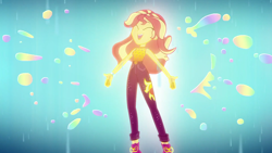 Size: 1920x1080 | Tagged: safe, screencap, sunset shimmer, equestria girls, equestria girls series, g4, let it rain, spoiler:eqg series (season 2), catasterism, clothes, eyes closed, female, glowing, rain, singing, solo, sunshine shimmer