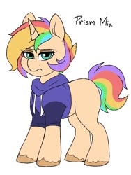 Size: 768x1024 | Tagged: safe, artist:littlebibbo, oc, oc only, oc:prism mix, pony, unicorn, clothes, female, freckles, hoodie, lidded eyes, looking at you, mare, simple background, solo, unshorn fetlocks, white background