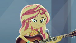 Size: 1920x1080 | Tagged: safe, screencap, sunset shimmer, equestria girls, g4, let it rain, my little pony equestria girls: better together, acoustic guitar, cute, female, guitar, microphone, musical instrument, shimmerbetes, smiling, solo