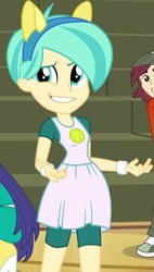 Size: 461x813 | Tagged: safe, screencap, blueberry cake, normal norman, tennis match, equestria girls, friendship games, g4, bleachers, canterlot high, clothes, compression shorts, cropped, dress, female, male, offscreen character, shorts, shorts under skirt, skirt, smiling, solo focus, tomboy, turquoise eyes, turquoise hair, wondercolt ears, wristband