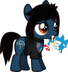 Size: 572x610 | Tagged: safe, artist:lightningbolt, derpibooru exclusive, earth pony, pony, g4, .svg available, bring me the horizon, clothes, colt, frown, male, mouth hold, oliver sykes, plushie, ponified, sad, shirt, show accurate, simple background, solo, sonic the hedgehog, sonic the hedgehog (series), standing, svg, t-shirt, transparent background, vector, younger