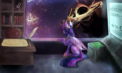 Size: 3400x2040 | Tagged: safe, artist:chocori, twilight sparkle, alicorn, pony, g4, accretion disk, apple, black hole, book, bookshelf, chair, commission, crown, desk, female, folded wings, food, futuristic, high res, hoof shoes, horizon signal, jewelry, mare, peytral, quill, quill pen, regalia, sitting, solo, space, stellaris, twilight sparkle (alicorn), wings
