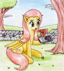 Size: 2422x2673 | Tagged: safe, artist:40kponyguy, derpibooru exclusive, fluttershy, pegasus, pony, g4, don't panic, ear fluff, female, gate, grass, high res, hitchhiker's guide to the galaxy, hoof hold, mare, solo, traditional art, tree