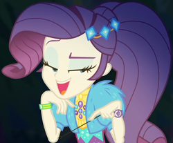 Size: 1064x883 | Tagged: safe, screencap, rarity, equestria girls, equestria girls series, g4, sunset's backstage pass!, spoiler:eqg series (season 2), clothes, coat, cropped, cute, dress, female, forest background, fur, fur coat, geode of shielding, jewelry, lidded eyes, magical geodes, night, outdoors, ponytail, raised eyebrow, raribetes, sassy, short sleeves, sitting, smiling, stick, wristband