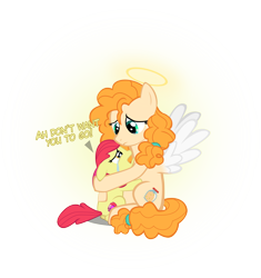 Size: 4198x4468 | Tagged: safe, artist:ace play, apple bloom, pear butter, earth pony, pony, g4, absurd resolution, angelic wings, crying, dialogue, duo, feels, female, filly, halo, hug, mare, mother and child, mother and daughter, sad, simple background, teary eyes, transparent background, vector, wings