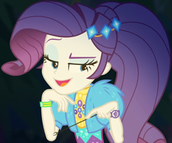 Size: 1069x884 | Tagged: safe, screencap, rarity, equestria girls, equestria girls series, g4, sunset's backstage pass!, spoiler:eqg series (season 2), clothes, coat, cropped, cute, dress, female, forest background, fur, fur coat, geode of shielding, jewelry, lidded eyes, magical geodes, night, outdoors, ponytail, raised eyebrow, raribetes, sassy, short sleeves, sitting, smiling, solo, stick, wristband
