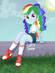 Size: 1500x2000 | Tagged: safe, artist:saltymango, rainbow dash, equestria girls, g4, alternate clothes, alternate hairstyle, converse, cute, dashabetes, female, looking at you, shoes, sitting, solo