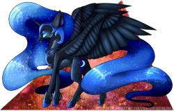 Size: 1924x1231 | Tagged: safe, artist:snowleopard-draws, nightmare moon, alicorn, pony, g4, abstract background, ethereal mane, fangs, female, glowing eyes, lidded eyes, looking at you, profile, signature, simple background, smiling, solo, spread wings, starry mane, transparent background, wings