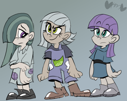 Size: 800x638 | Tagged: safe, artist:mirabuncupcakes15, limestone pie, marble pie, maud pie, human, g4, belt, boots, clothes, dress, female, gray background, hair over one eye, humanized, overalls, pie sisters, shirt, shoes, siblings, simple background, sisters, t-shirt