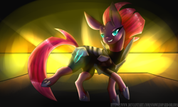 Size: 2000x1200 | Tagged: safe, artist:snowleopard-draws, tempest shadow, pony, g4, my little pony: the movie, broken horn, evil grin, eye scar, female, grin, horn, scar, signature, smiling, smirk, solo