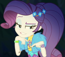 Size: 1046x922 | Tagged: safe, screencap, rarity, equestria girls, equestria girls series, g4, sunset's backstage pass!, spoiler:eqg series (season 2), clothes, coat, cropped, cute, dress, female, forest background, fur, fur coat, geode of shielding, jewelry, lidded eyes, magical geodes, music festival outfit, night, outdoors, ponytail, raised eyebrow, raribetes, sassy, short sleeves, sitting, smiling, stick, wristband