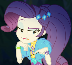 Size: 1043x944 | Tagged: safe, screencap, rarity, equestria girls, equestria girls series, g4, sunset's backstage pass!, spoiler:eqg series (season 2), clothes, coat, cropped, cute, dress, female, forest background, fur, fur coat, geode of shielding, jewelry, lidded eyes, magical geodes, night, outdoors, ponytail, raised eyebrow, raribetes, sassy, short sleeves, sitting, stick, wristband