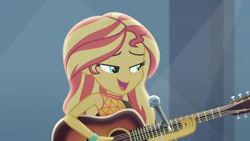 Size: 1920x1080 | Tagged: safe, screencap, sunset shimmer, human, equestria girls, g4, let it rain, my little pony equestria girls: better together, acoustic guitar, beautiful, cute, female, guitar, microphone, microphone stand, musical instrument, shimmerbetes, singing, sleeveless, solo