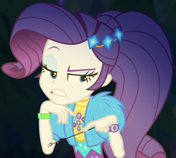 Size: 1051x944 | Tagged: safe, screencap, rarity, equestria girls, equestria girls series, g4, sunset's backstage pass!, spoiler:eqg series (season 2), clothes, coat, cropped, cute, dress, female, forest background, fur, fur coat, geode of shielding, jewelry, lidded eyes, magical geodes, night, outdoors, ponytail, raised eyebrow, raribetes, sassy, short sleeves, sitting, stick, wristband