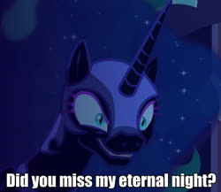 Size: 1245x1080 | Tagged: safe, edit, edited screencap, screencap, nightmare moon, alicorn, pony, g4, the cutie re-mark, alternate timeline, caption, cropped, ethereal mane, female, grin, image macro, mare, meme, nightmare takeover timeline, smiling, solo, starry mane, text