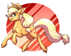 Size: 1600x1271 | Tagged: safe, artist:canonpotatoes, applejack, earth pony, pony, g4, abstract background, chest fluff, circle background, cute, ear fluff, female, jackabetes, leg fluff, mare, profile, smiling, solo, unshorn fetlocks
