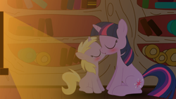 Size: 3840x2160 | Tagged: safe, artist:ruxify, dinky hooves, twilight sparkle, pony, unicorn, fanfic:twilight sparkle my mentor and more, g4, age difference, blushing, duo, explicit source, eyes closed, fanfic, fanfic art, female, filly, golden oaks library, high res, kiss on the lips, kissing, lesbian, mare, romantic, shipping, show accurate, twilight is a foal fiddler, twinky, unicorn twilight